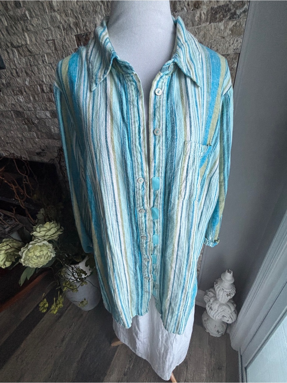 Adaptive Lightweight Linen Aqua & White Striped Button-Down Shirt